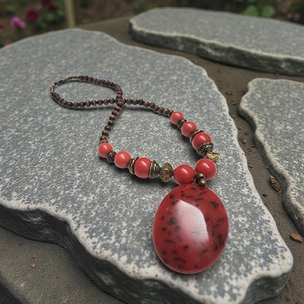 Vintage Acrylic & Wood Bead Artisan Pendant Necklace 22" Tribal Boho